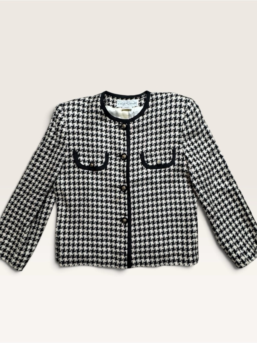 Vintage Oleg Cassini Houndstooth Lady Jacket Gold Lion Buttons Size 8B
